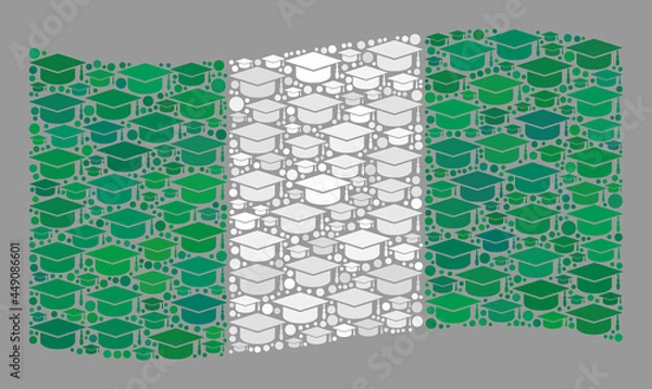 Fototapeta Mosaic waving Nigeria flag constructed with learning cap elements. University vector mosaic windy Nigeria flag created for PhD propaganda.