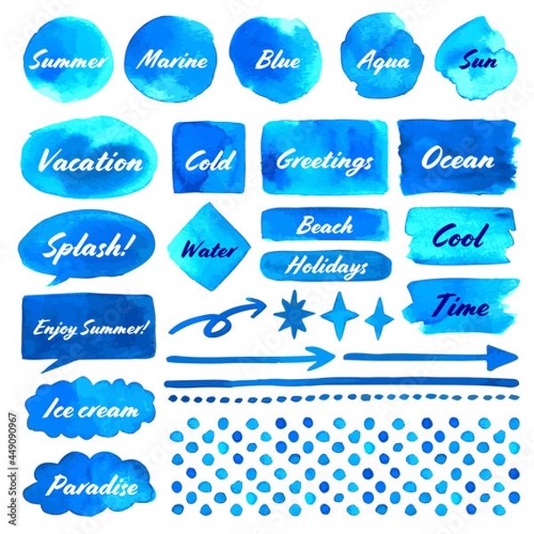 Fototapeta 手描き風水彩 ブルー 青い グラデーション飾りセット