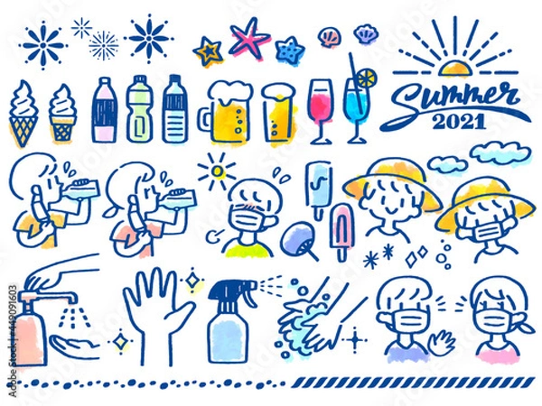 Obraz 手描き風 水彩タッチ サマーwithコロナ セット