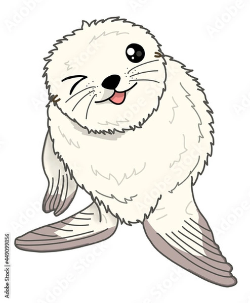 Fototapeta Fur Seal Cute Adorable Fun Hand Drawn Baby Animal Wink Smile Isolated On White