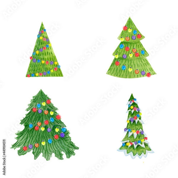 Obraz Watercolor painted set of Christmas tree with light on white background