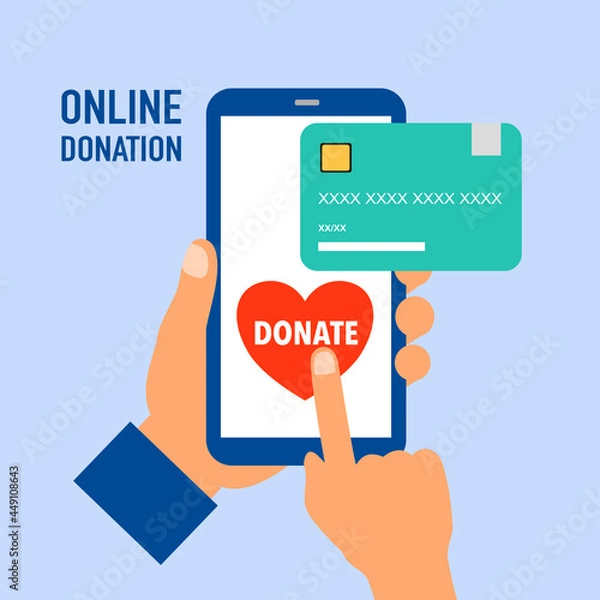 Obraz Hand holding smartphone and making online donation via credit card. Time for charity concept vector illustration.