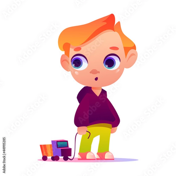Fototapeta Preschooler child with a toy in his hands. Primary school boy. Funny cartoon character. Vector illustration.