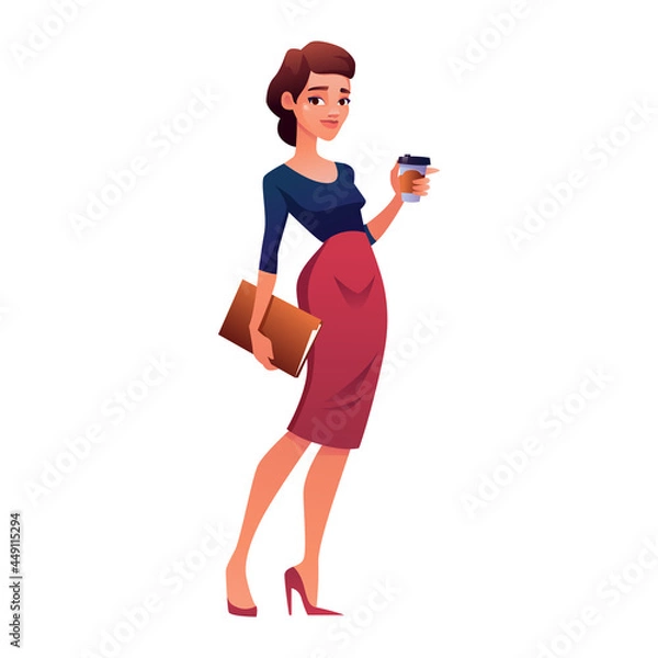 Obraz Cartoon office character in flat style. A beautiful woman in a skirt, with coffee and a folder in her hands. Vector illustration