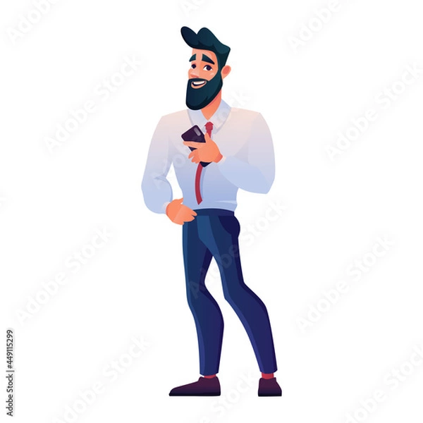 Obraz Cartoon office character in flat style. An adult man in a shirt with a tie, with a smartphone in his hand. Business man. Manager. Office employee.