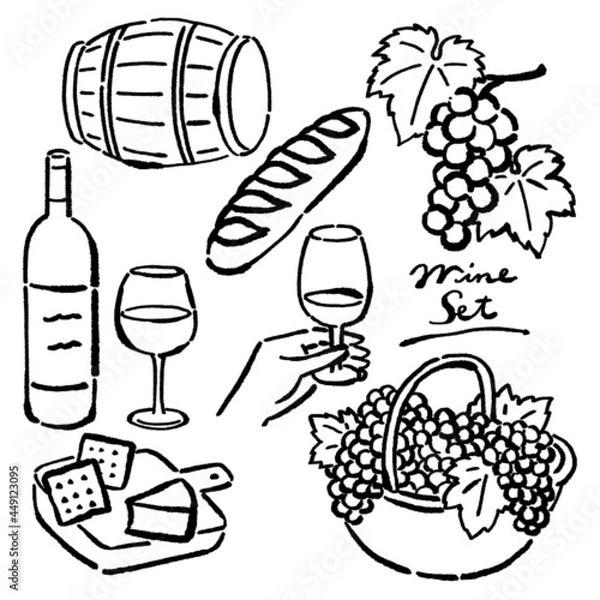 Obraz 墨絵風のシンプルな線画　ワインとぶどうのベクターイラスト