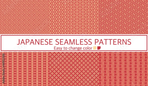 Obraz シームレスパターン　和柄　赤　金色