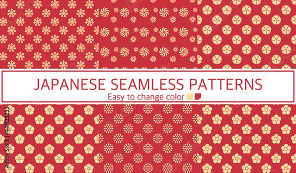 Obraz シームレスパターン　和柄　赤　金色