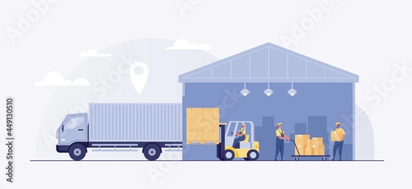 Fototapeta Warehouse building.  Warehouse workers use forklifts to move boxes into trucks. Vector illustration