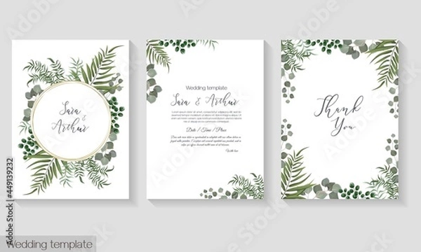 Fototapeta Vector herbal wedding invitation template. Different herbs, green plants and leaves, unripe berries, round gold frame. All elements can be isolated. 