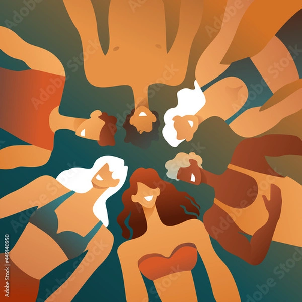 Fototapeta A group of people, close friends are lying together on the lawn. Men and women sunbathing in the sun, a wonderful summer day, outdoor recreation, flat design.