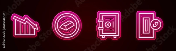 Fototapeta Set line Financial growth decrease, Gold bars, Safe and Inserting coin. Glowing neon icon. Vector