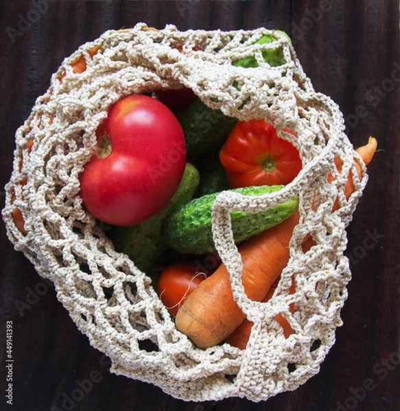 Obraz eco grid with vegetables for a trip to the supermarket with tomatoes cucumbers carrots and onions .