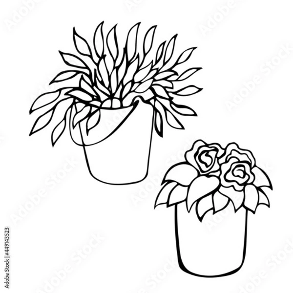 Fototapeta Illustration of a bouquet of flowers in a bucket. Doodle vector hand drawing