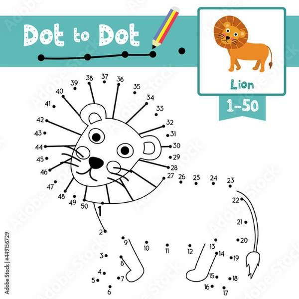 Fototapeta Dot to dot educational game and Coloring book Lion animal cartoon character vector illustration