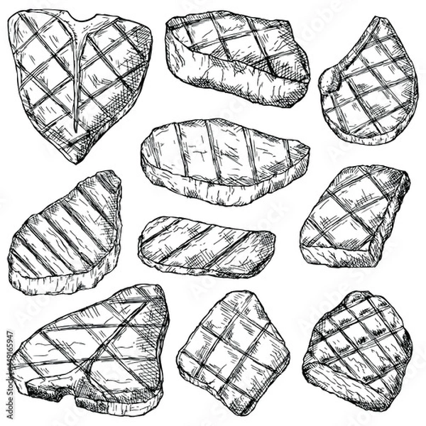 Fototapeta Sef of grilled meat steaks. Vector illustration. Isolated on white. Hand-drawn style.