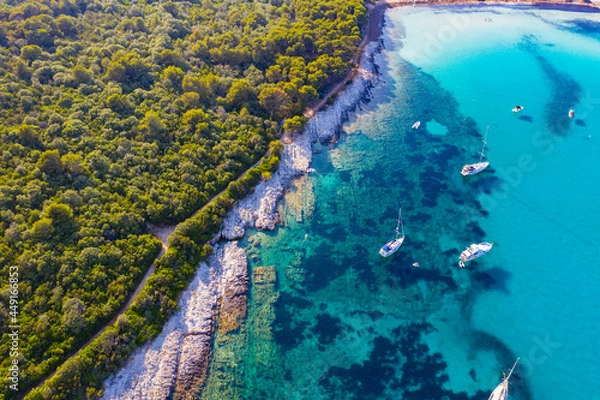 Fototapeta Aerial view of sailing boats in a beautiful azure turquoise lagoon on Sakarun beach bay on Dugi Otok island, Croatia, beautiful seascape