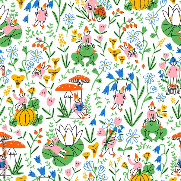 Fototapeta Garden gnomes secret life, vector pattern