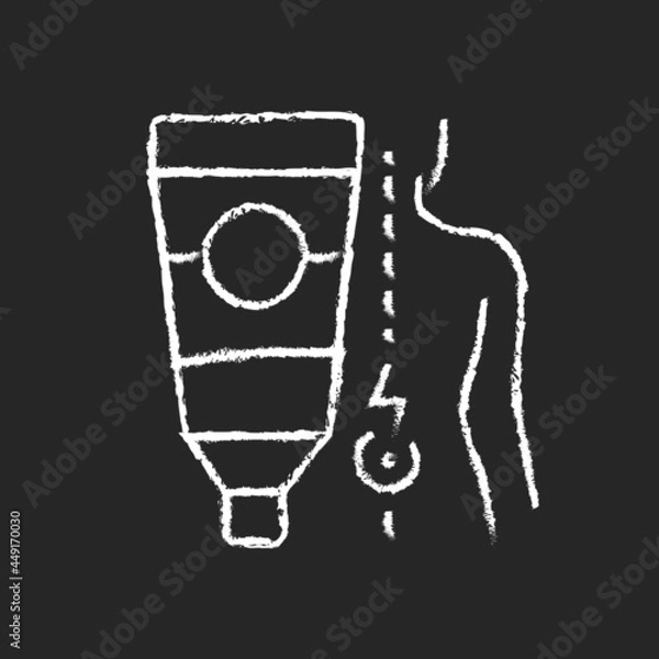 Fototapeta Ointment for back pain chalk white icon on dark background. Burning pain relieving. Soothing sensation. Reduce inflammation. Healing ingredients. Isolated vector chalkboard illustration on black
