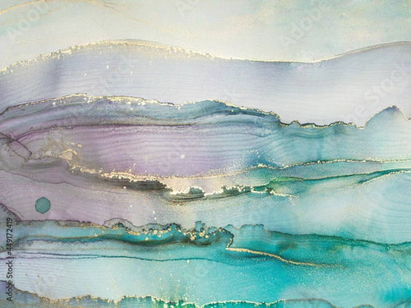 Fototapeta Luxury abstract fluid art painting in alcohol ink technique. Transparent layers of inks create marbled texture of stripes, swirls and veins with glowing gold and glitter. Part 2 of the whole picture.