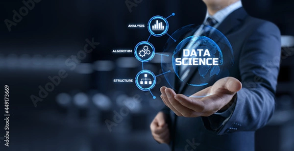 Fototapeta Data science analytics concept. Businessman pressing button on screen.
