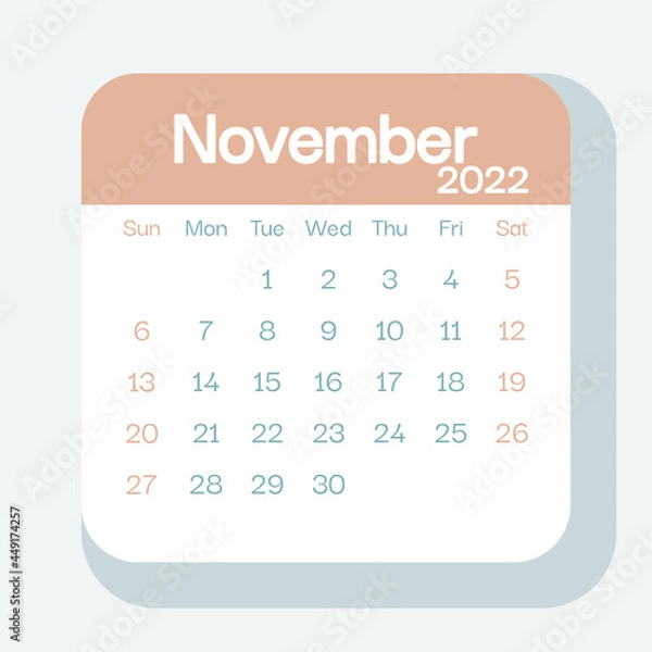 Fototapeta November 2022 calendar planner in pastel color, week starts on Sunday, template, mock up calendar leaf - Illustration. Vector graphic page