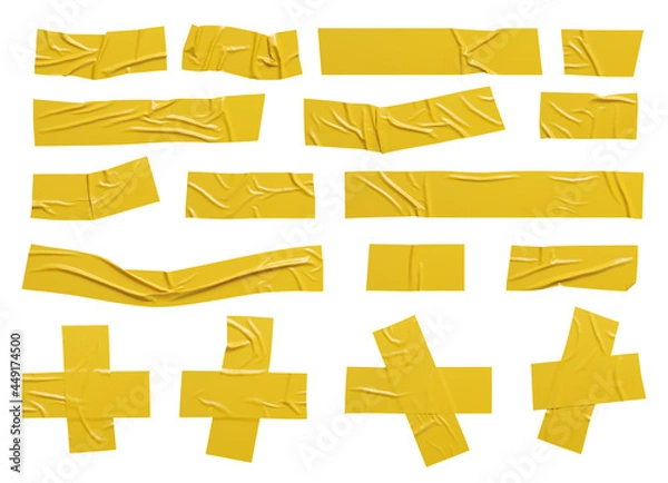 Fototapeta Wrinkled yellow adhesive sticky tape. Isolated scotch pieces set.