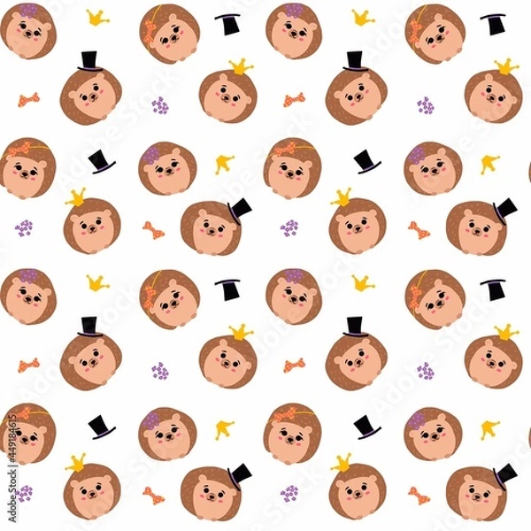 Fototapeta Seamless pattern with hedgehogs in cartoon style. Cute animals with a crown, wreath, bow and hat. Children's print