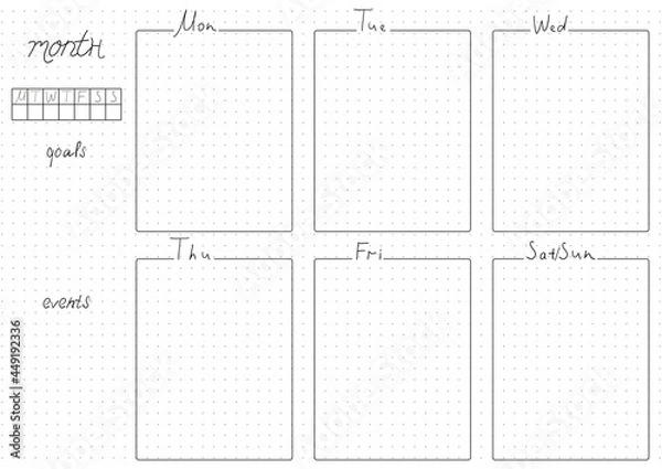 Fototapeta Printable A4 paper sheet, minimalist  bullet journal page with blank week planner, goals, events. Stylish planner for daily planner template, blank for notebook.