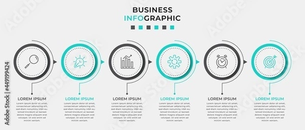 Obraz Vector Infographic design business template with icons and 6 options or steps. Can be used for process diagram, presentations, workflow layout, banner, flow chart, info graph