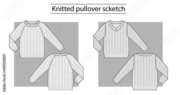 Obraz Knitted cardigan v-neck and round-neck with braids. Technical scketch.