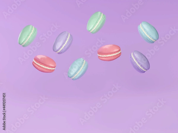 Fototapeta French Colorful Macarons Colorful Pastel Macarons Whitr Pink and Brown Macaron with Fresh Blueberry. 3D rendering