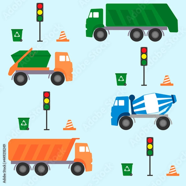 Fototapeta  Seamless pattern with garbage truck, skip loader truck, concrete mixer truck, lorry truck, traffic light, trash can. Vector illustration.