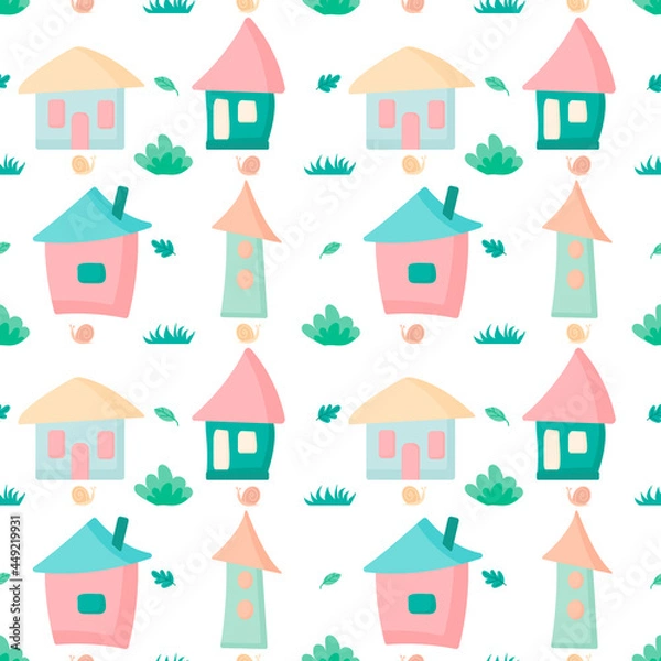 Fototapeta Vector seamless pattern with a cute houses and flowers on a white background. The illustration of the houses and plants.