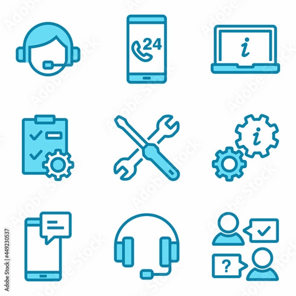 Fototapeta MobileHelp and support icons. Simple linear web icons, consists of support, phone assistant, online help, communication, info, customer service, video chat, etc. Vector illustration design.