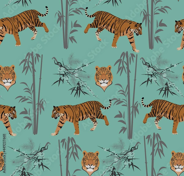Fototapeta Tigers in jungle seamless pattern.