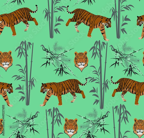 Fototapeta Tigers in jungle seamless pattern. Vector illustration.