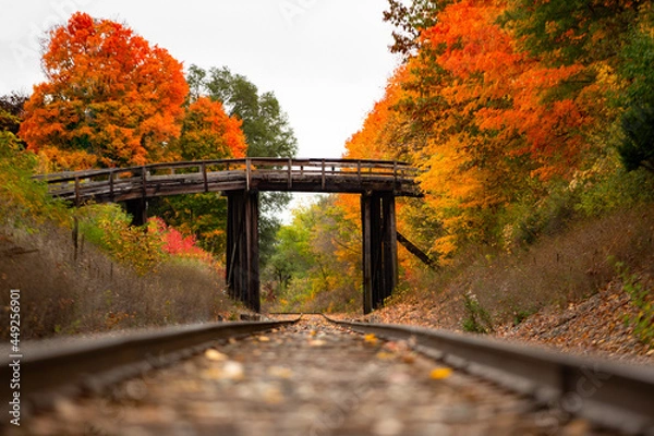 Fototapeta An old wooden bridge sits over railroad tracks surrounded by orange and yellow fall color trees in autumn_01