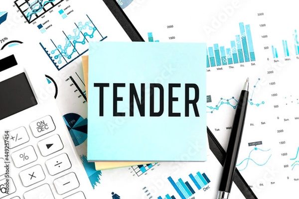 Fototapeta Word TENDER on sticker, calculator, chart, documents. Close up.