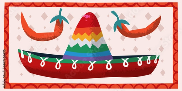 Obraz Vector image with child peppers and sombrero festive hat. Illustration for party invitations, cards and posters