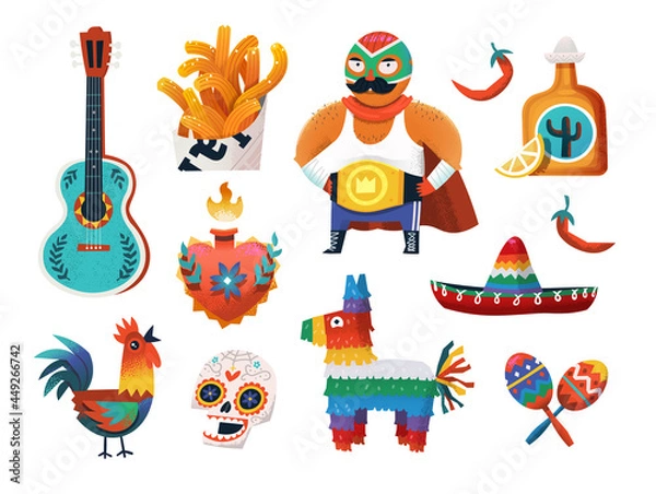 Obraz Set of stickers with Mexican characters, items and foods, sombrero hat and birthday piñata. Vector images for your cards and party invitations