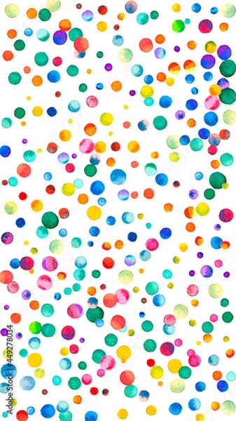 Fototapeta Watercolor confetti on white background. Alluring rainbow colored dots. Happy celebration high colorful bright card. Radiant hand painted confetti.
