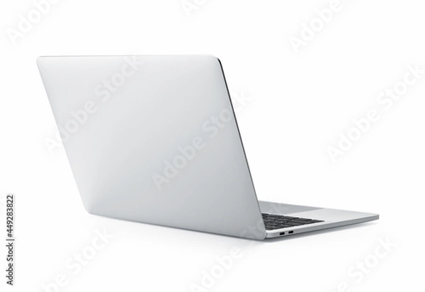Fototapeta Rear view of the open laptop, silver aluminum body.
