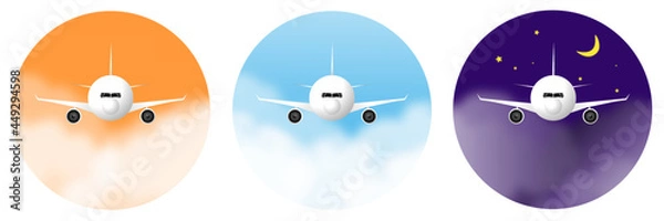 Obraz Plane vector flying forward in the cloudy and starry sky in the morning, afternoon and night on a circle background