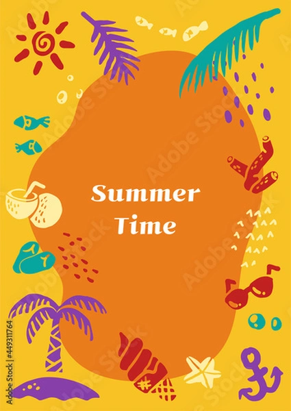 Fototapeta A poster with colorful summer items on a orange background.