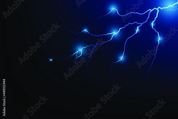 Fototapeta Vector Illustration of Abstract Blue Lightning on Black Background. Blitz Lightning Thunder Light Sparks Storm Flash Thunderstorm. Power Energy Charge Thunder Shock