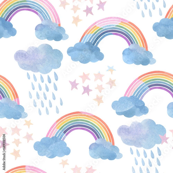 Fototapeta Seamless watercolor pattern of clouds and rainbows on a background of rain and stars. Childish gentle background.