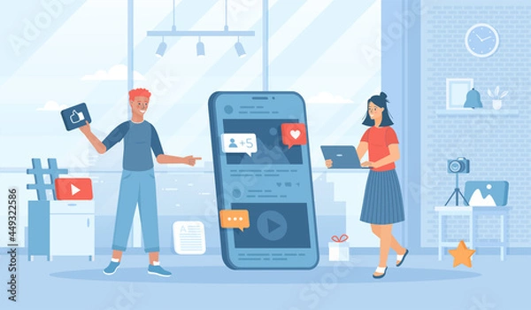 Fototapeta Blogging. Regular publication of photos, videos, text materials. Blog content posting. Flat cartoon vector illustration with people characters for banner, website design or landing web page  