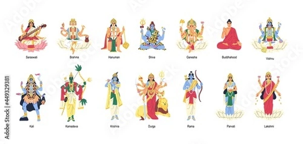 Obraz Set of ancient Indian Hindu gods and goddesses. Different idols of Hinduism. Deities and lords in India. Holy traditional characters of Asia. Flat vector illustration isolated on white background
