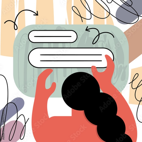 Obraz A girl makes an order online on an abstract background. Online booking. Digital education. Online education concept. Online shopping. Online courses. E-learning. Search for information